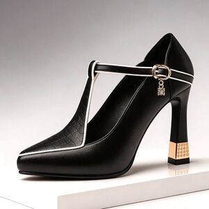 Black T-Strap High Heel Pump with White Trim and Gold Accent
